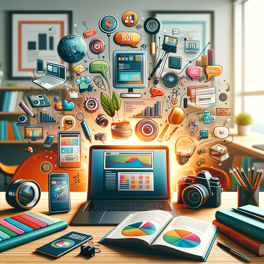 Espace de travail numérique moderne illustrant des idées de business en ligne comme le e-commerce, le blogging, le marketing d'affiliation, les cours en ligne et les services de marketing digital.